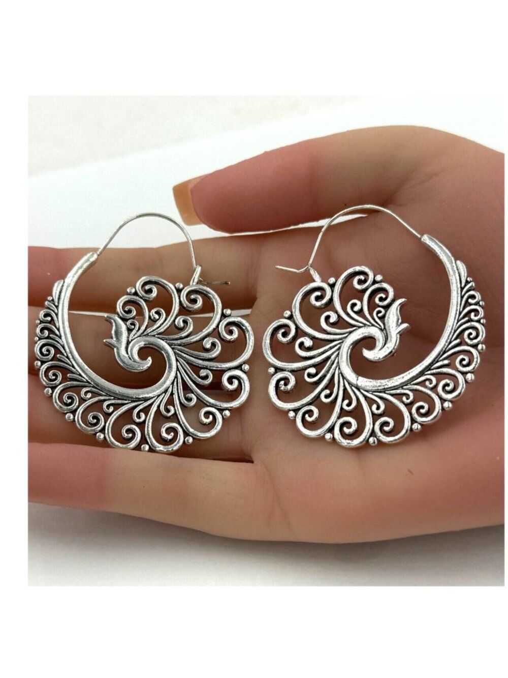Boho Peacock Filigree Hoop Earrings Oversized Silvery Statement Drops NWT